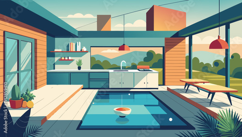 Modern living room with a stylish poolside view and cozy ambiance Vector