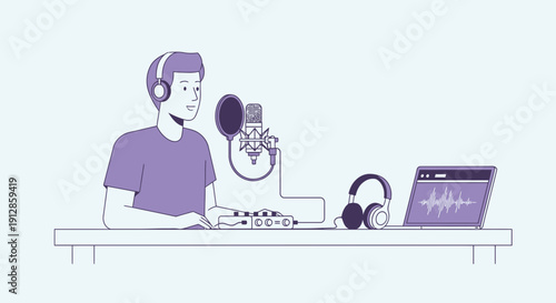 Podcaster at work with microphone, headphones, and audio interface, recording sound