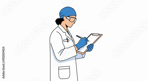 Scientist taking notes on clipboard, wearing lab coat and safety goggles