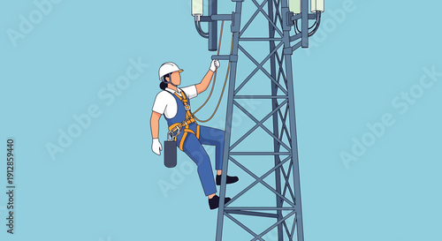 Telecommunications Tower Worker Climbing for Maintenance