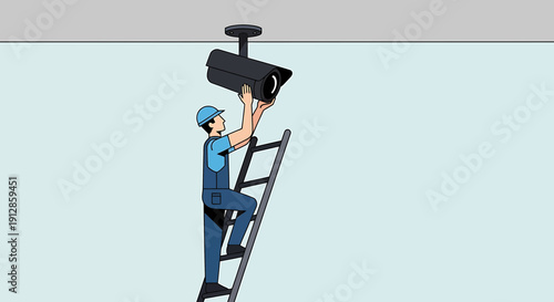 Security Camera Installation: Technician on Ladder Mounting CCTV System