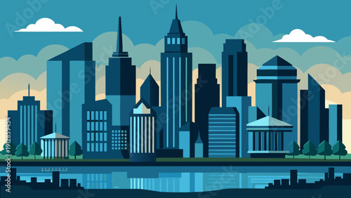 Modern cityscape with vibrant skyline and calm waterfront view Vector