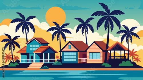 Vibrant tropical beachside houses under a colorful sunset sky Vector