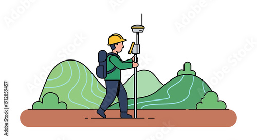 Surveyor with GPS equipment working in hilly landscape