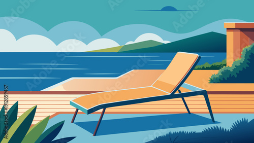 A serene beachside scene with a lounge chair by the tranquil waterside. Vector