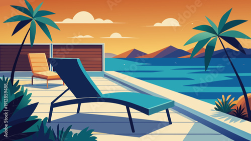 Relaxing beachside scene with palm trees under a vibrant sunset sky Vector