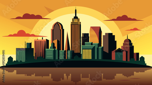 Modern city skyline under a warm sunset sky with artistic silhouettes and vibrant colors Vector