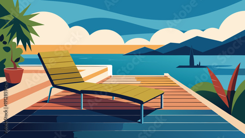 Relaxing by the serene waterside dock on a bright sunny day Vector