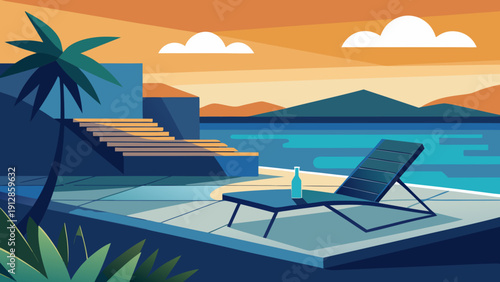 Relaxing beachside scene with lounge chairs under a vibrant sunset sky Vector