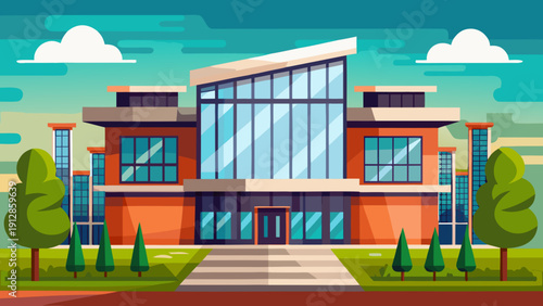 Modern educational building under a clear sky with colorful clouds Vector