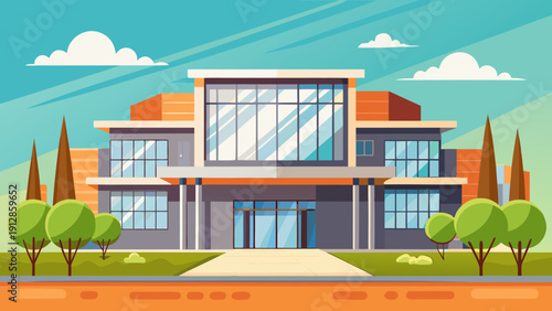 Modern residential house with vibrant colors and lush greenery surroundings Vector