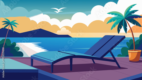 Relaxing beachside scene with lounge chairs under a tropical sky Vector