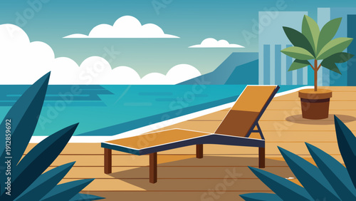 Relaxing beachside lounge chairs under a sunny sky with tropical scenery Vector