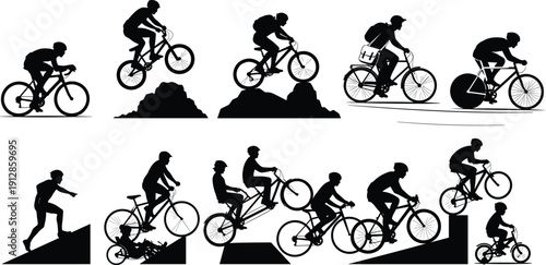 Silhouettes of cyclists riding, jumping, and climbing in diverse terrains with gear and child seats representing sport, transportation, and outdoor lifestyle themes