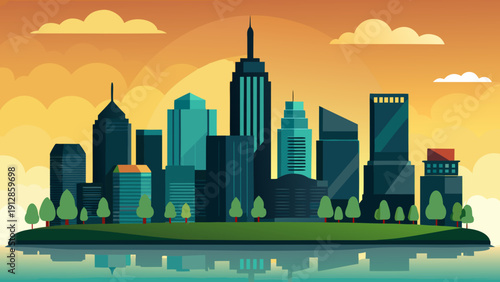Modern cityscape with skyscrapers under a vibrant sunset sky Vector