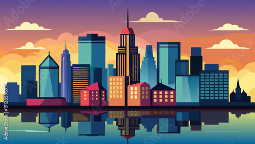 Vibrant cityscape at dusk with futuristic skyline reflections in calm waters Vector