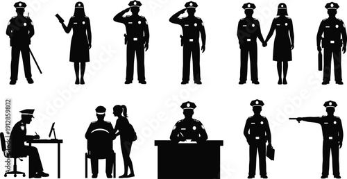 Silhouettes of police officers in diverse law enforcement and community interaction scenes representing public service, authority, and civic engagement themes