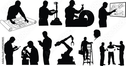 Silhouettes of engineers and technicians performing design, inspection, and analysis tasks with tools, devices, and robotics representing STEM, innovation, and teamwork themes