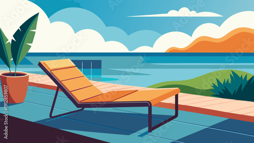 Relaxing beachside lounge chairs under a bright summer sky with ocean views. Vector