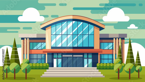 Modern building with glass entrance under a clear blue sky and green landscape Vector