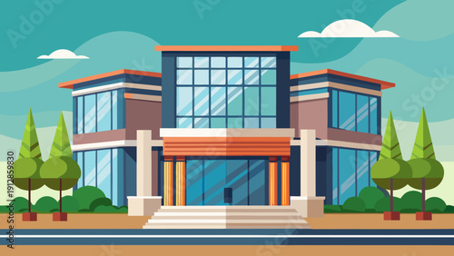 Modern office building with clear skies and green surroundings Vector