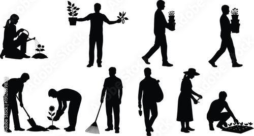 Silhouettes of individuals engaged in gardening activities with tools and plants representing horticulture, outdoor care, and nature-themed lifestyle illustrations