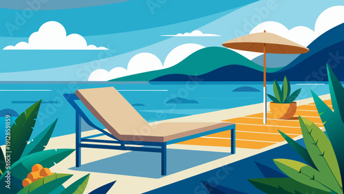 Relaxing beachside lounge area with vibrant tropical ambiance and clear skies Vector