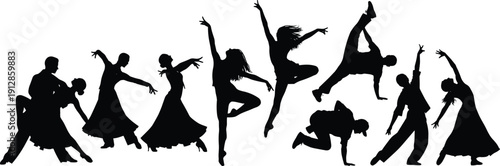 Silhouettes of dancers in diverse styles and dynamic poses representing movement, expression, and artistry for performance, culture, and creative design themes