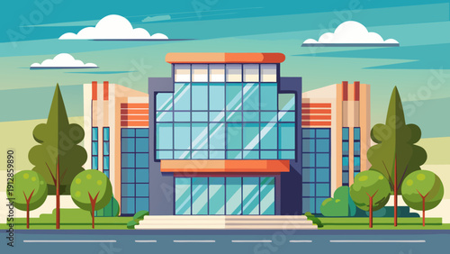Modern glass-fronted office building under a bright blue sky with clouds Vector