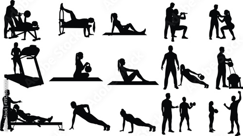Silhouettes of individuals performing diverse fitness exercises with trainers including weightlifting, cardio, and resistance workouts for health, gym, and wellness themes