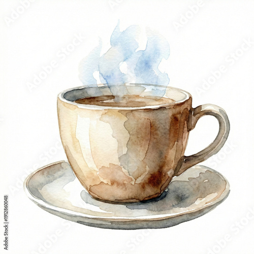Watercolor painting of a steaming coffee cup with saucer isolated on white background