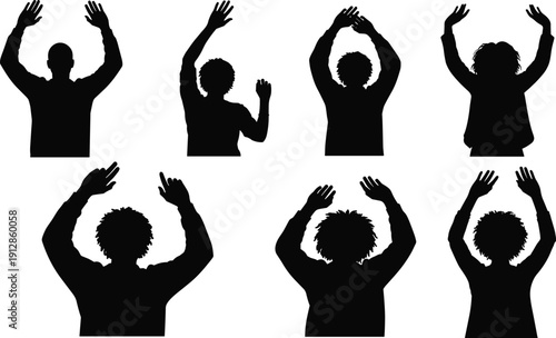 Silhouettes of diverse individuals with raised arms in various poses representing gesture, expression, celebration, and unity for design and symbolic conceptsSilhouettes 