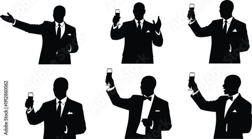 Silhouettes of men in formal suits holding champagne glasses in celebratory poses representing events, parties, social gatherings, and festive occasions