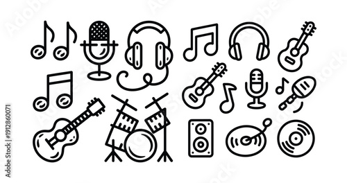 Line art vector illustration of musical instruments and audio equipment icons, including guitars, headphones, microphones, and musical notes, isolated on white background.