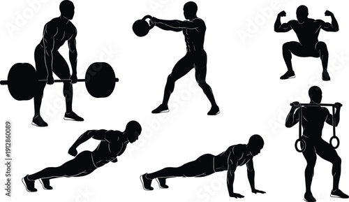 Silhouettes of six strength training exercises including deadlift, kettlebell swing, push-up, squat, plank, and pull-up for fitness, gym, and workout concepts