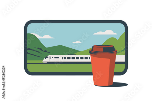 Takeaway coffee cup obscures view through window of fast moving train.