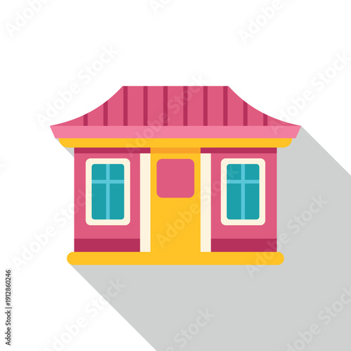 Pink house icon with yellow door and roof, featuring a flat design style
