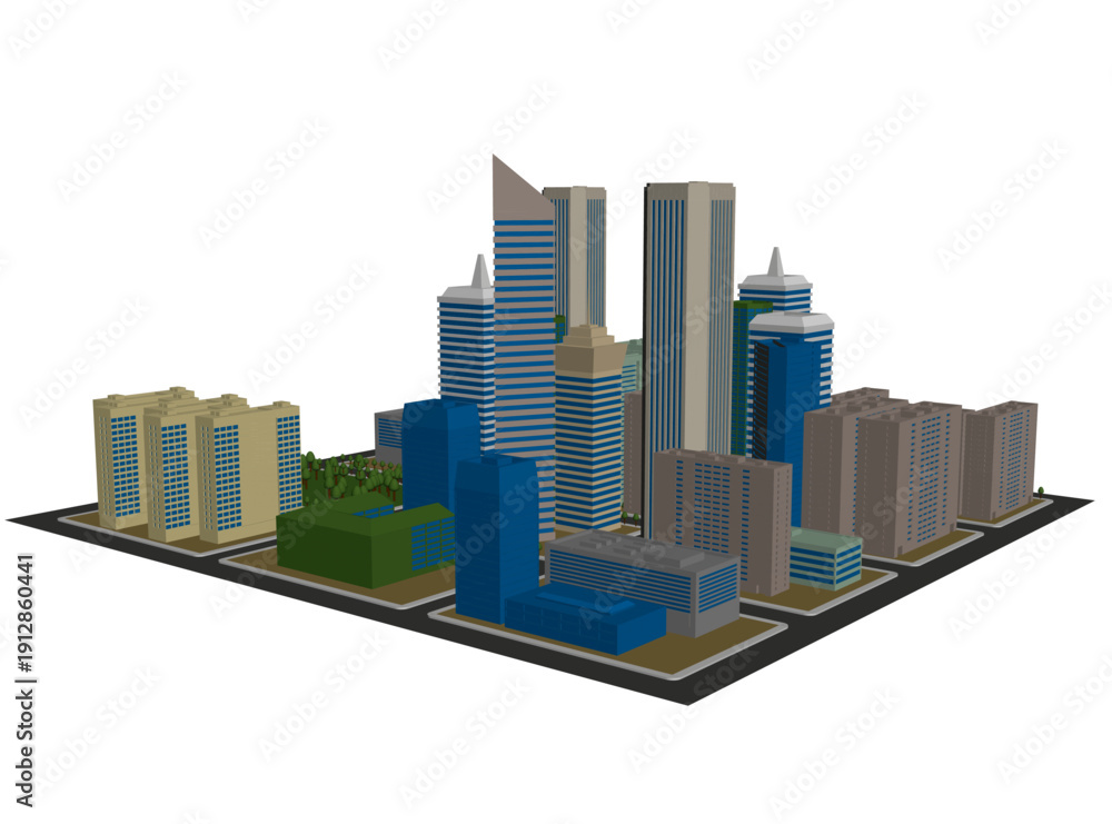 Fototapeta premium Polygonal city model with animated low poly buildings and trees moves against a clean white background.