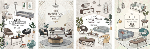 Stylish furniture sale promotions featuring modern living room designs.