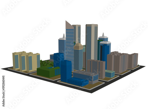 Polygonal city model with animated low poly buildings and trees moves against a clean white background.