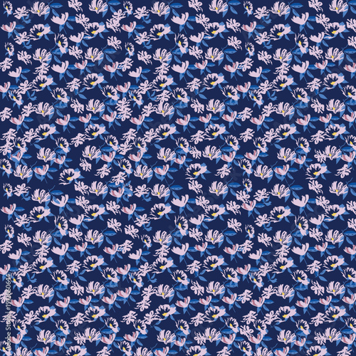 Seamless top down pattern of pastel pink flowers with soft yellow centers on deep navy leaves. Even lighting, flat modern style, calm fresh mood ideal for fabric or wallpaper designs