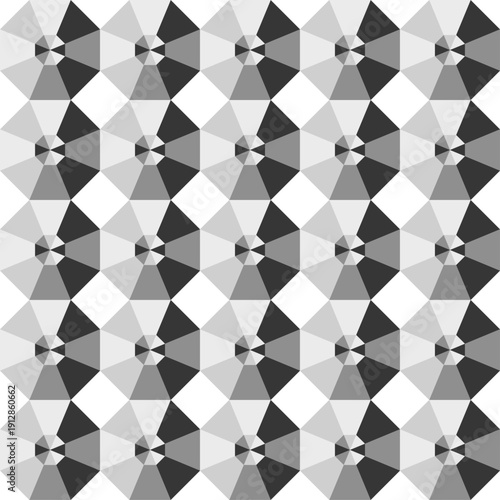 Seamless geometric pattern of octagonal faceted crystal shapes top view in grey