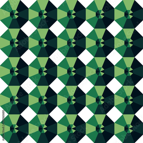 Seamless geometric pattern of octagonal faceted crystal shapes top view in green