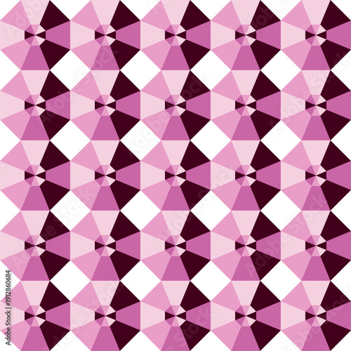 Seamless geometric pattern of octagonal faceted crystal shapes top view in pink