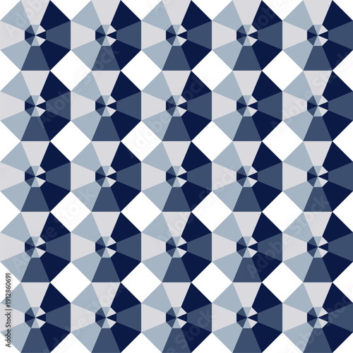 Seamless geometric pattern of octagonal faceted crystal shapes top view in navy