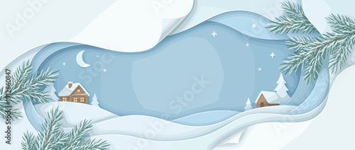 Winter landscape panoramic banner in papercut style featuring snow drifts, cozy cabins, fir tree branches, moon and stars on soft blue background, perfect for Christmas and holiday season.