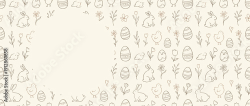 Panoramic Vector Banner Illustration of Minimalist Line Art Easter Icons Repeating as a Background Pattern with Copy Space. Features Hand-Drawn Bunnies, Chicks, Decorated Eggs, and Spring Flowers.