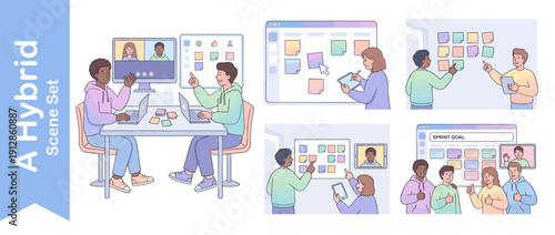Set of four vector illustrations of a hybrid team planning a sprint with sticky notes and digital boards. People collaborating in office and remotely via video call for agile project management.