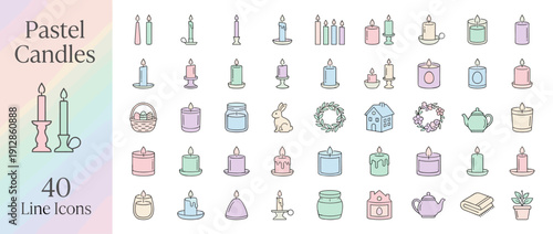 Set of 40 Pastel Candle and Cozy Easter Home Decor Vector Line Icons. Minimalist Illustration of Scented Candles, Pillar, Taper, Jar, Bunny, Wreath, Teapot, House, and Spring Holiday Elements.
