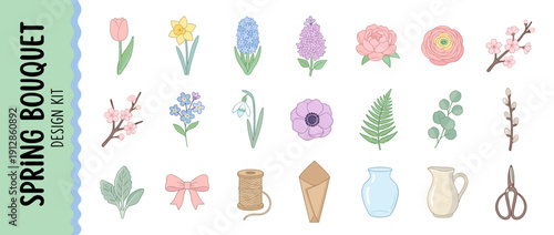 Vector Icon Set of 20 Spring Bouquet Design Elements in Flat Style with Pastel Palette. Features Tulip, Daffodil, Peony, Lilac, Cherry Blossom, Vases, Scissors, and Florist Tools for Floral Decor.